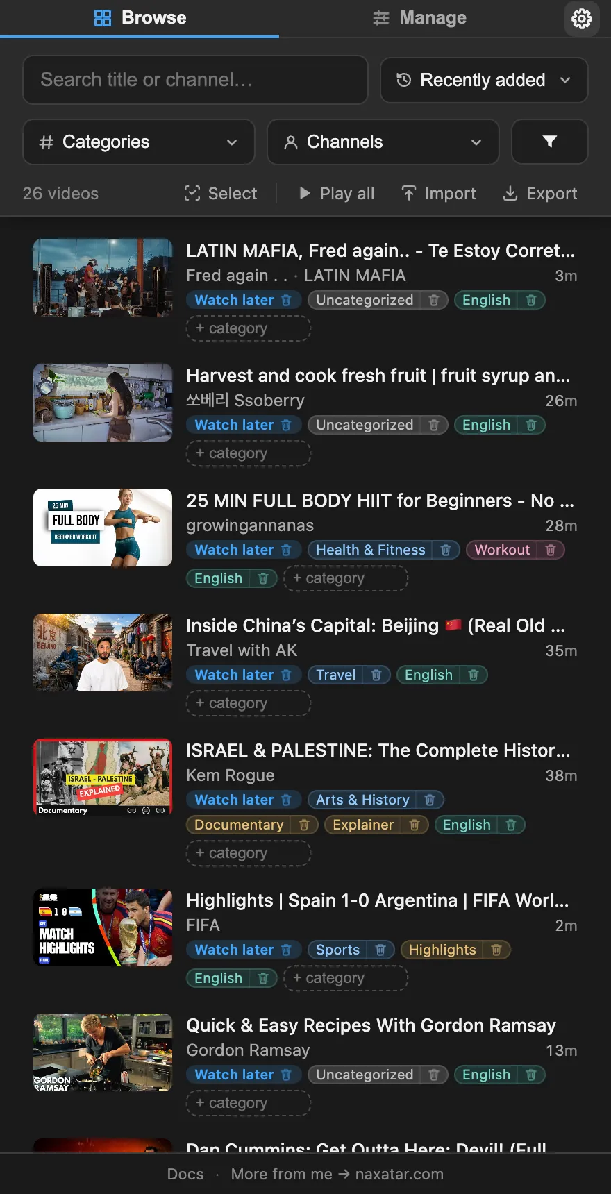 The side panel listing a playlist’s videos, each with its category, language, channel and length, above a search box and filter row.