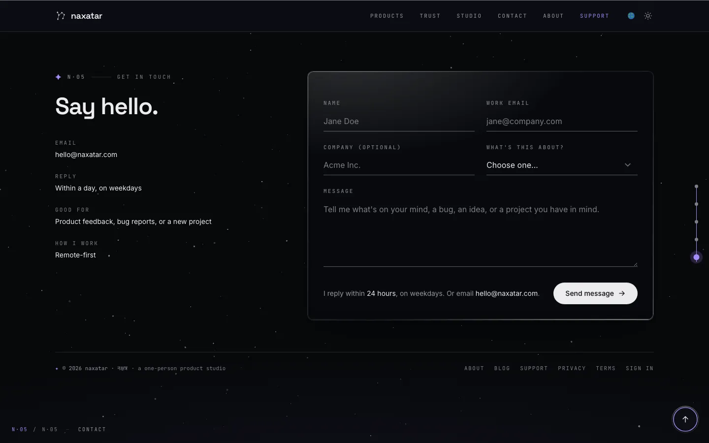 The homepage after the fix showing the contact slide fully rendered following the same keystrokes