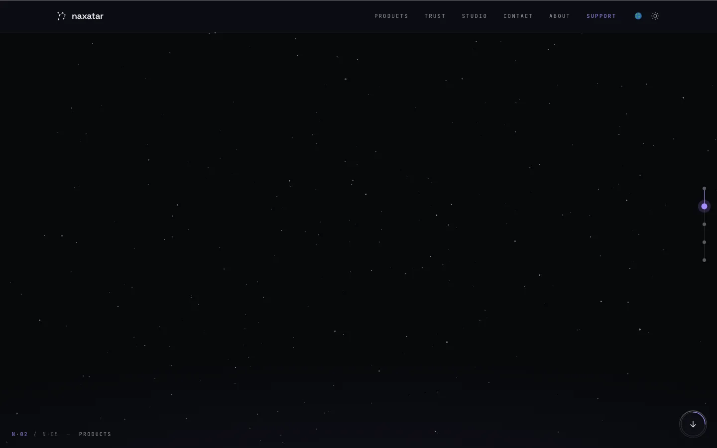 The homepage rendered as a completely blank starfield with no content, after a single arrow-key press