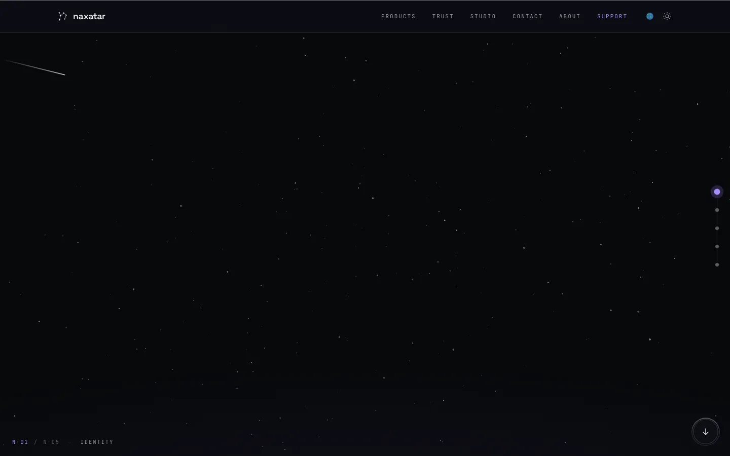The naxatar homepage showing only a starfield and the header — no visible content — while keyboard focus is inside the contact form
