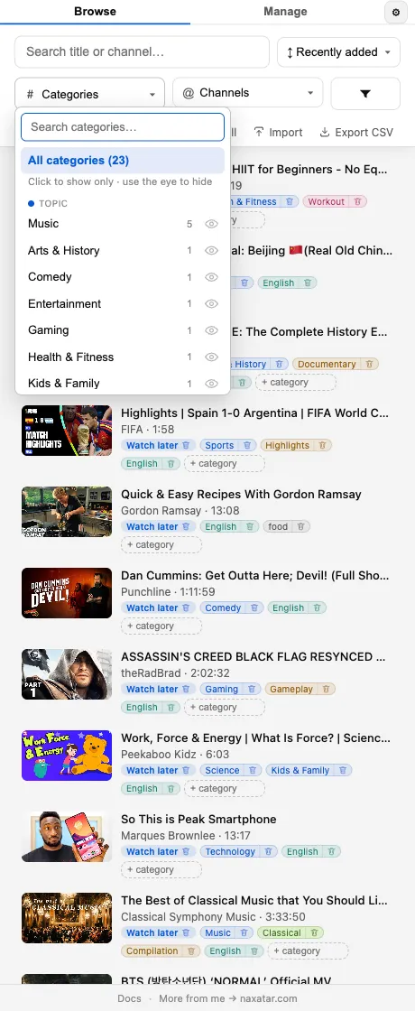 Playlist Wrangler — Categories & tagging
