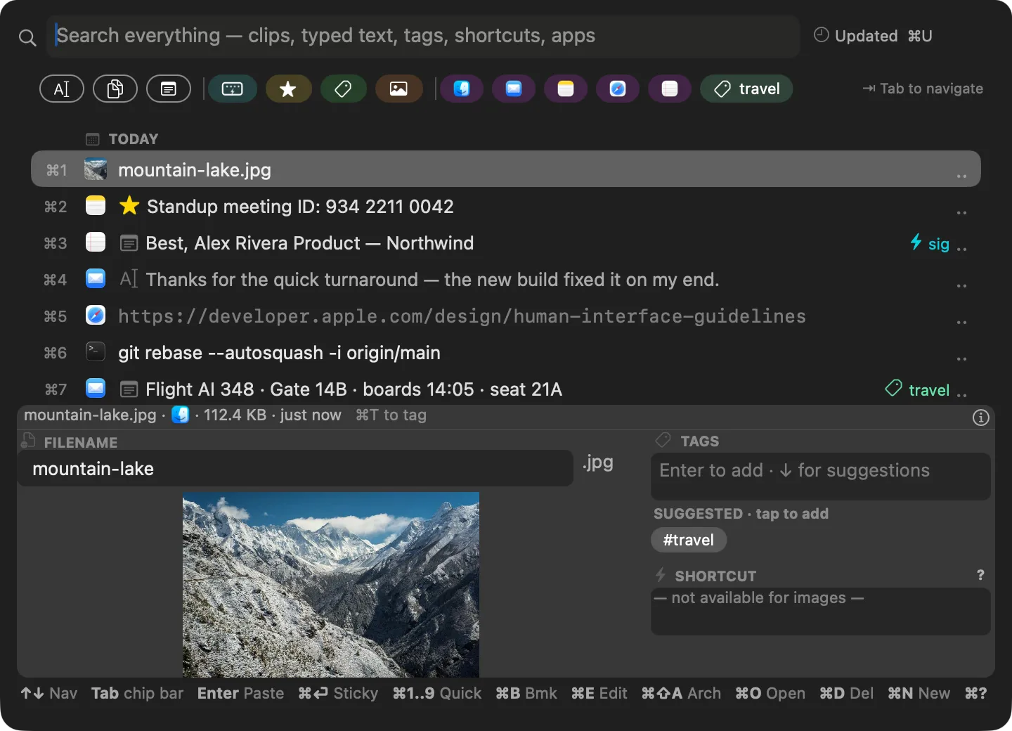 An image clip selected in clippal, previewed with an editable filename — the kind of clip that drops into another app as a real file