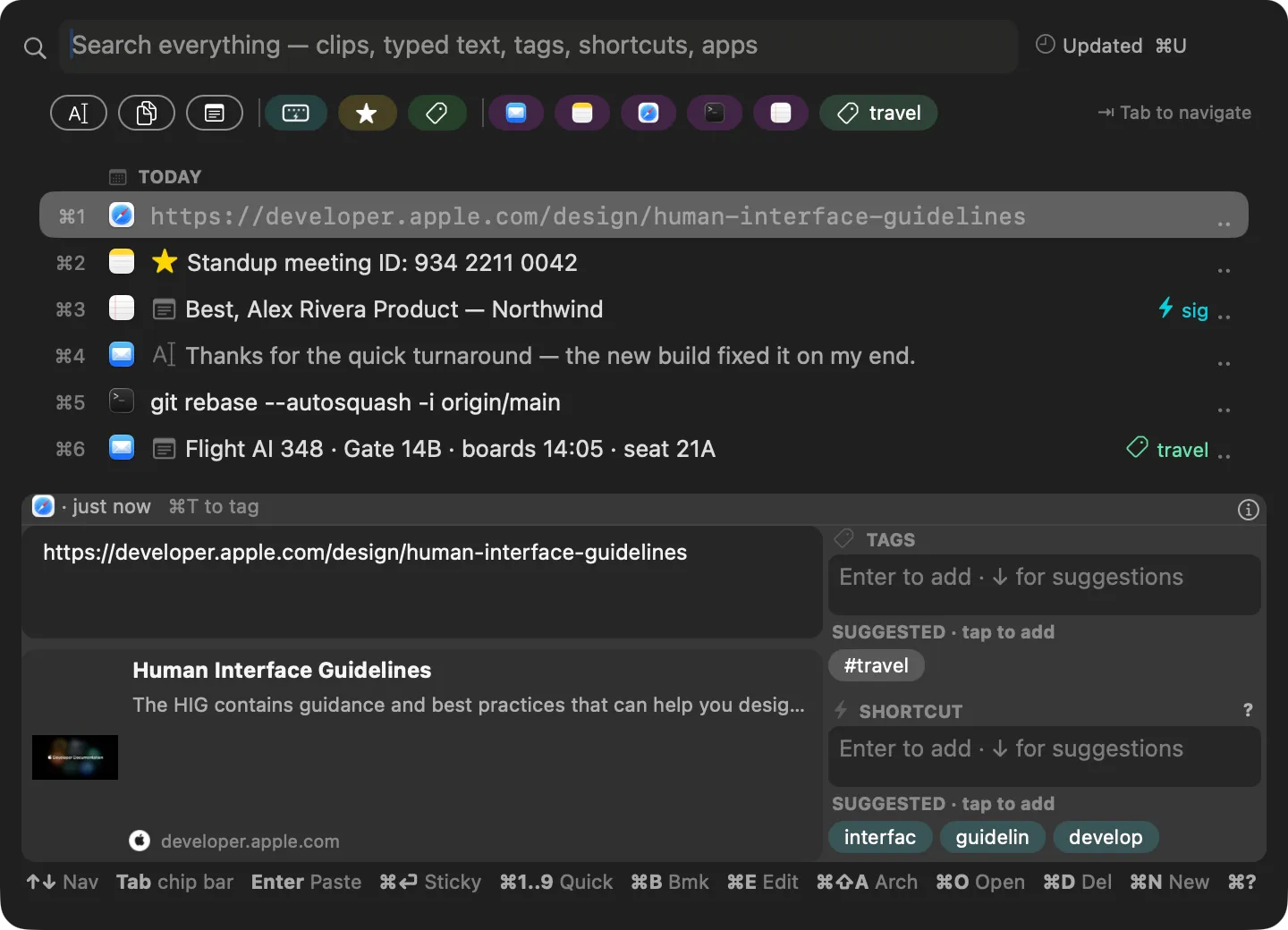 A clip open in clippal: its Tags and Shortcut fields with click-to-add suggestions on the right, and an active green tag chip in the strip above the list