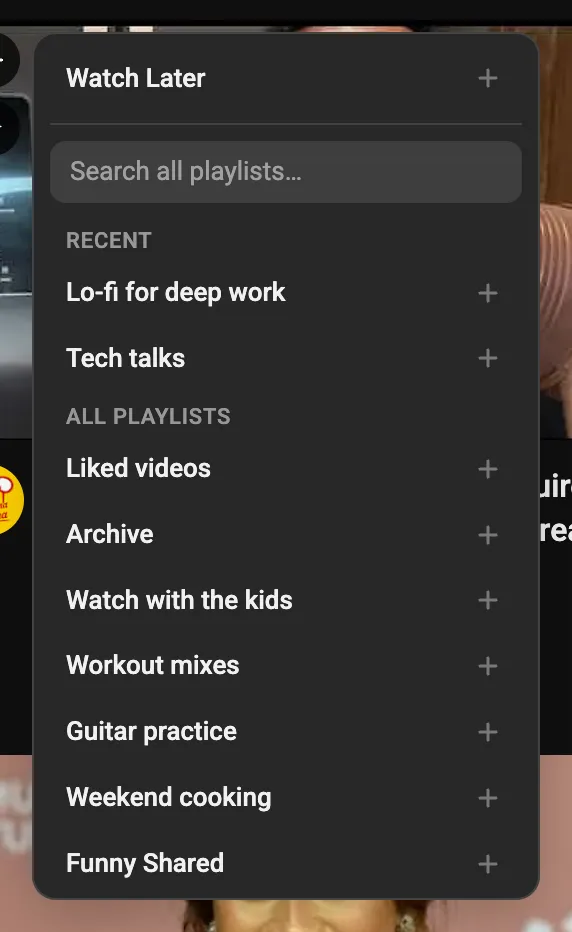 The Quick Add menu open over a YouTube thumbnail, with a search box across every playlist and recent destinations listed first.