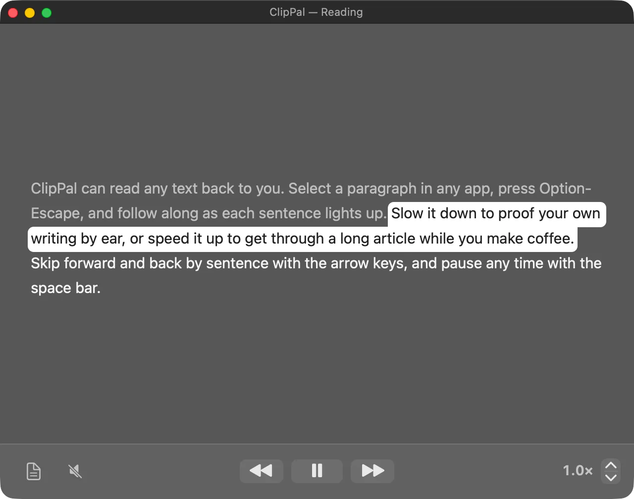 The clippal read-along window speaking a paragraph: the current sentence is highlighted, with play/pause, skip, mute and speed controls in the footer