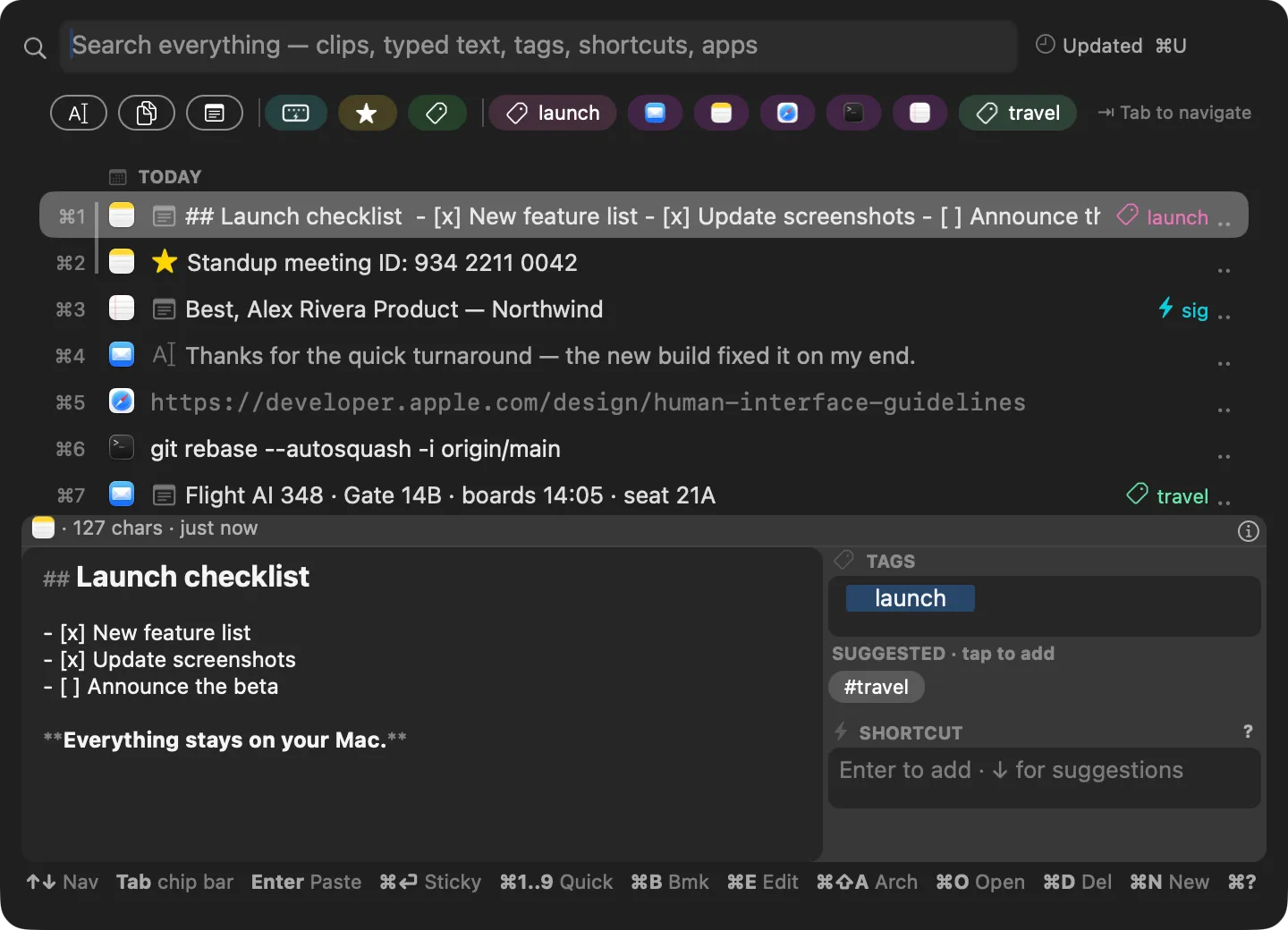 The clippal search panel over a desktop: a search box, filter chips across the top, a list of clips, and a hint bar along the bottom