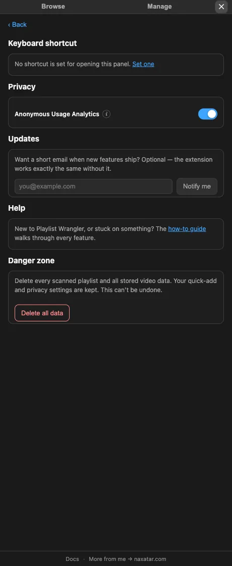 Playlist Wrangler — Settings & privacy