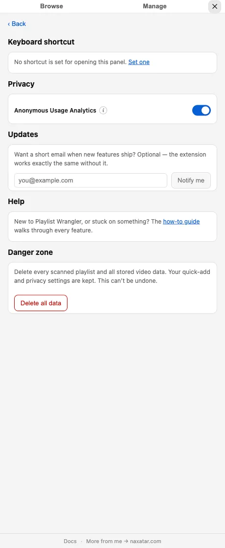 Playlist Wrangler — Settings & privacy