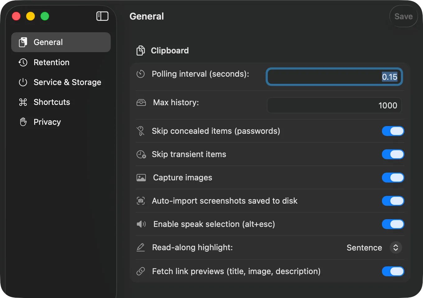 The clippal settings window showing the Privacy section, where typed-text capture and its limits are configured