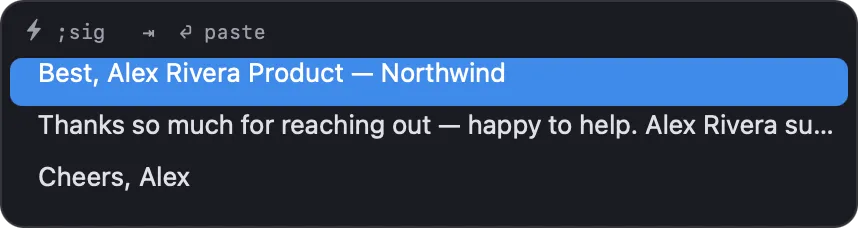 The clippal shortcut picker floating at the text caret, listing three clips that share the ;sig keyword with the first selected