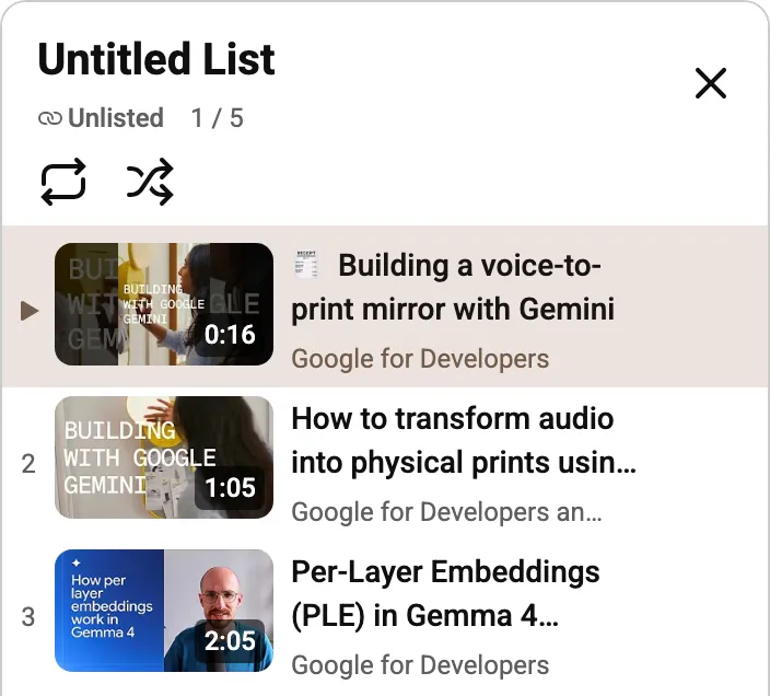 YouTube's playlist panel titled Untitled List, Unlisted, 1 of 5, its first three videos in the order their IDs were given
